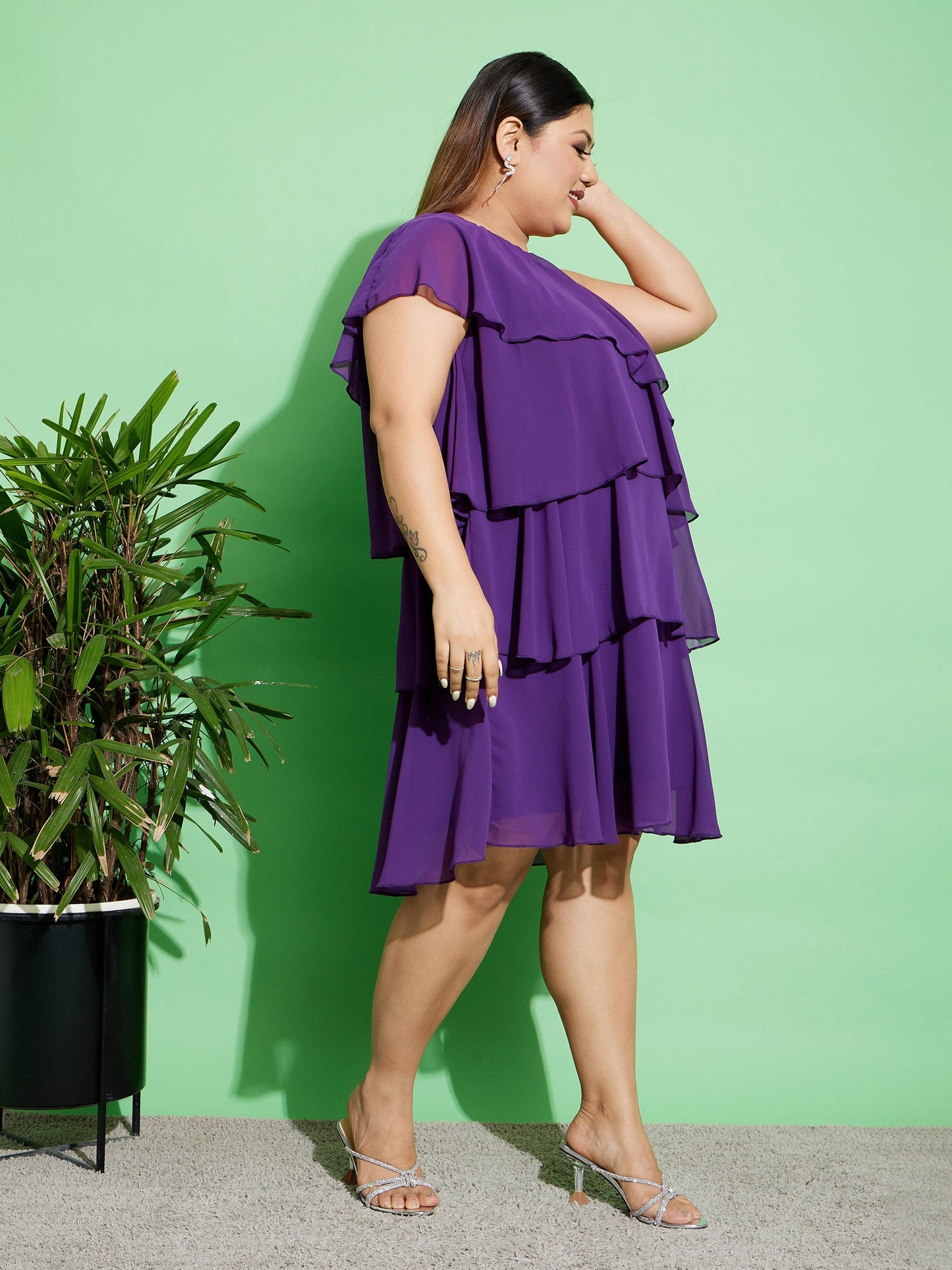 Women's Purple One Shoulder Frill Dress