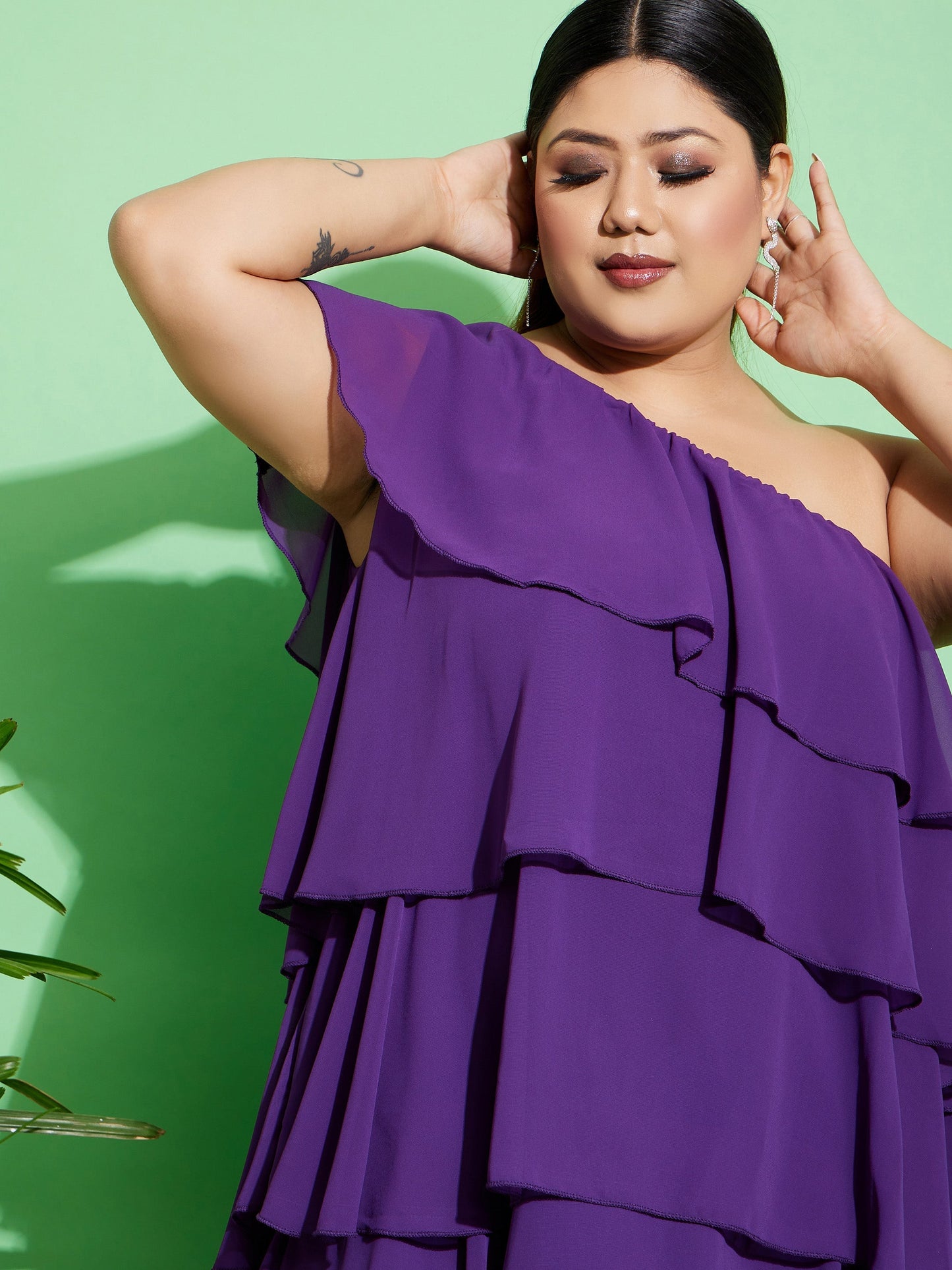 Women's Purple One Shoulder Frill Dress