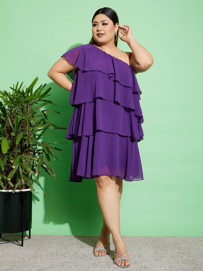 Women's Purple One Shoulder Frill Dress