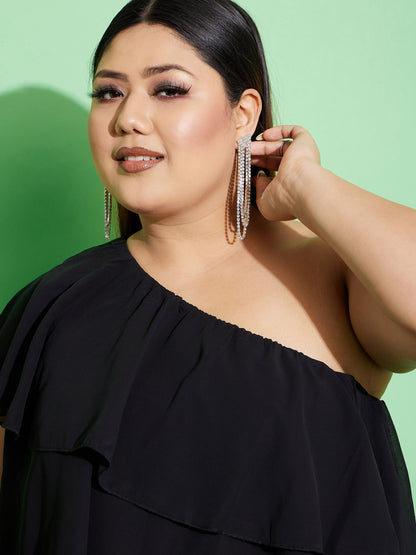 Women's Black One Shoulder Frill Dress