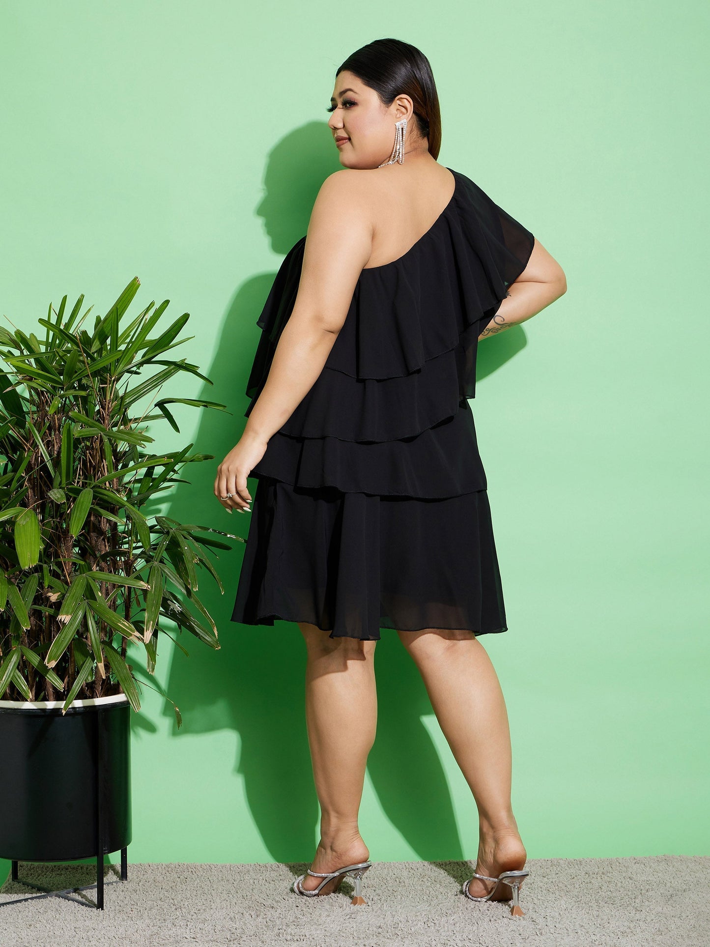 Women's Black One Shoulder Frill Dress