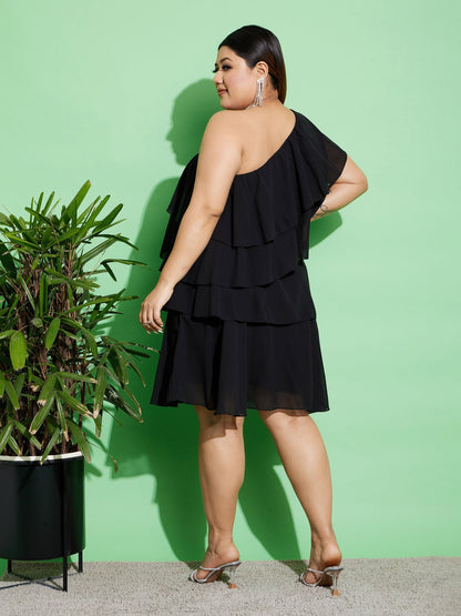 Women's Black One Shoulder Frill Dress