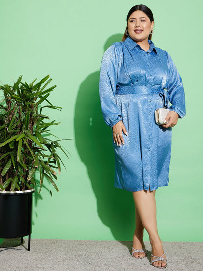 Women's Blue Satin Jacquard Belted Shirt Dress