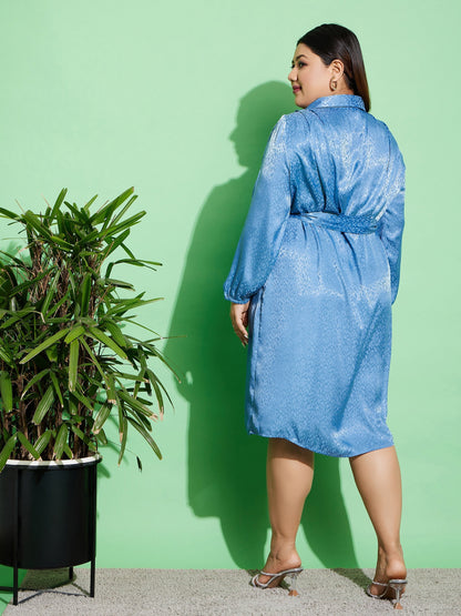 Women's Blue Satin Jacquard Belted Shirt Dress