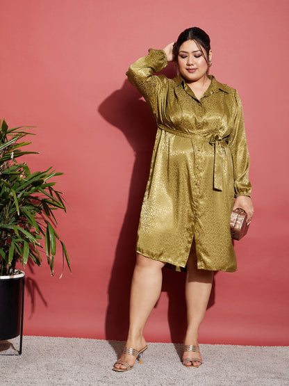 Women's Olive Satin Jacquard Belted Shirt Dress