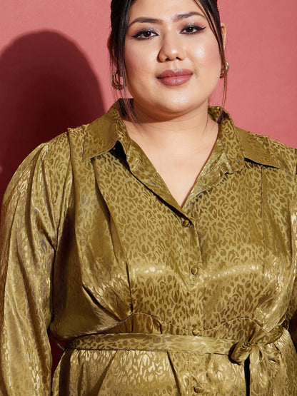 Women's Olive Satin Jacquard Belted Shirt Dress