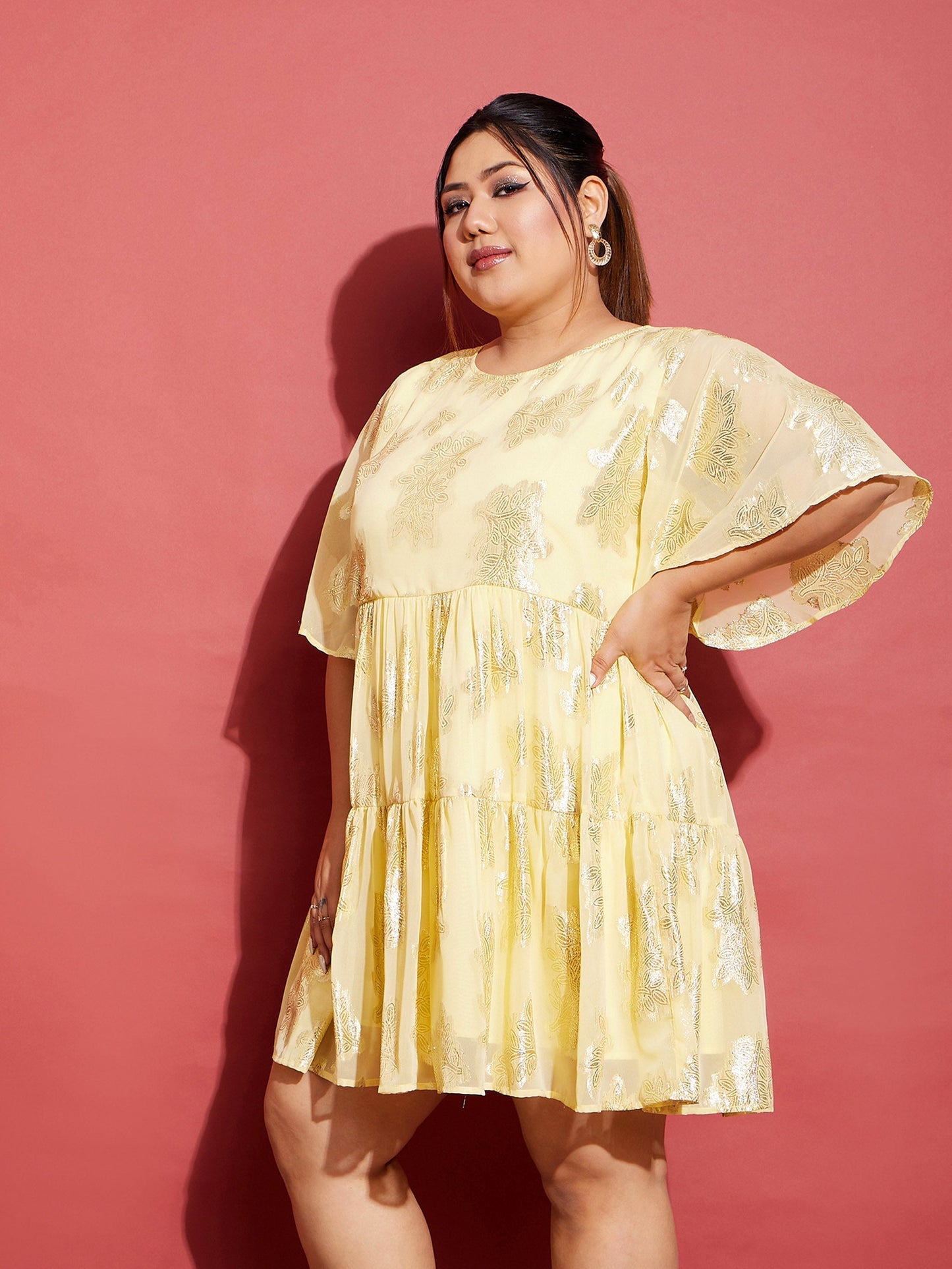 Women's Yellow Jacquard Tiered Dress
