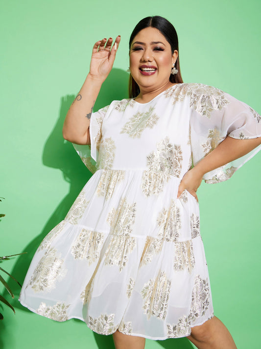 Women's White Jacquard Tiered Dress