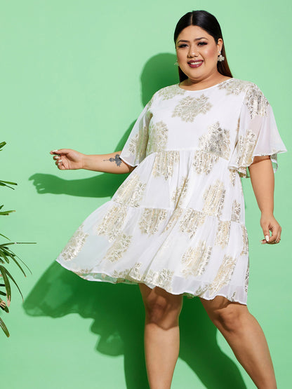 Women's White Jacquard Tiered Dress