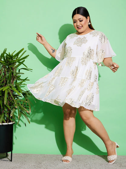 Women's White Jacquard Tiered Dress