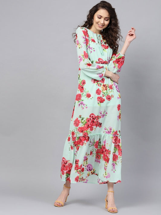 Women's Aqua Floral Tie-Up Maxi Dress