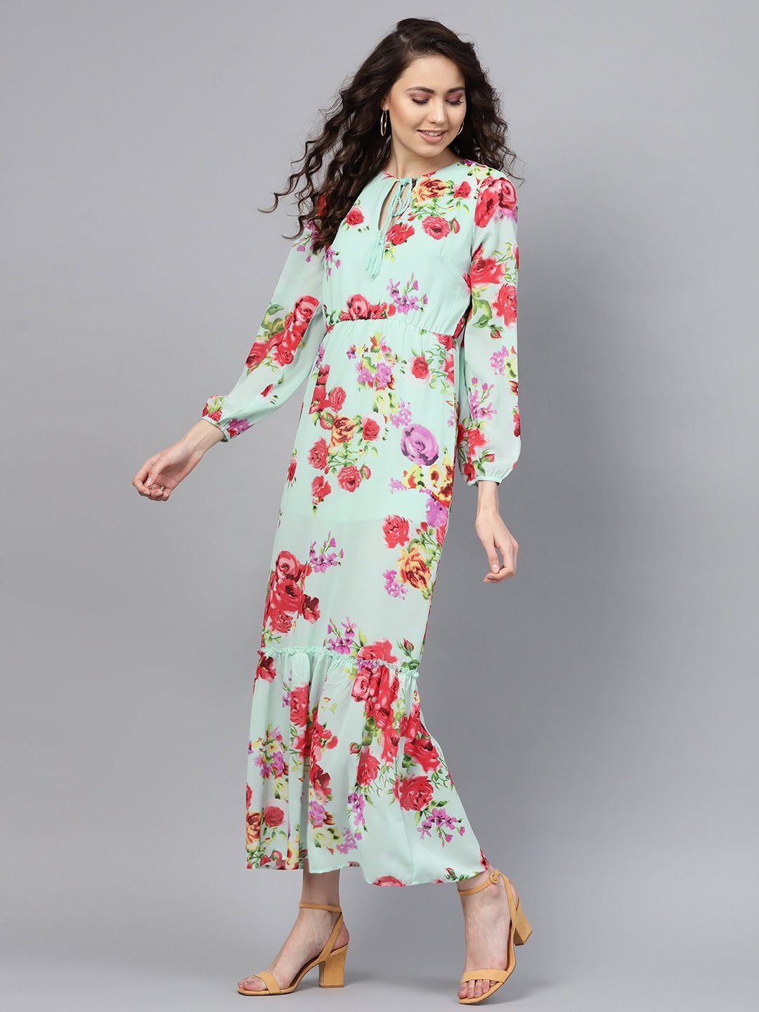 Women's Aqua Floral Tie-Up Maxi Dress