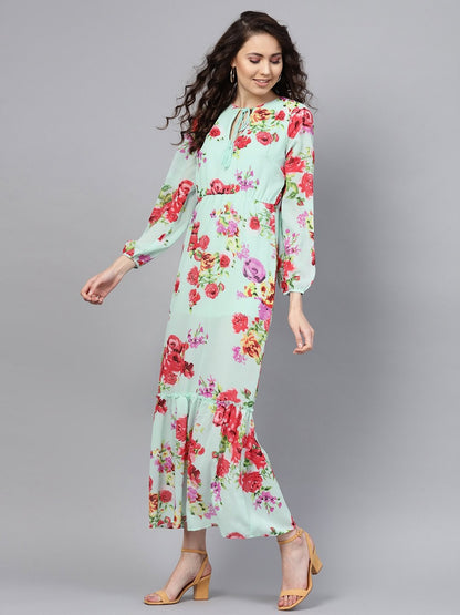 Women's Aqua Floral Tie-Up Maxi Dress