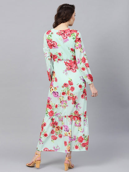 Women's Aqua Floral Tie-Up Maxi Dress