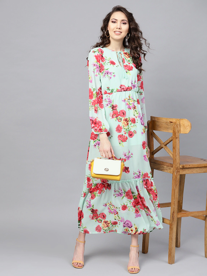 Women's Aqua Floral Tie-Up Maxi Dress