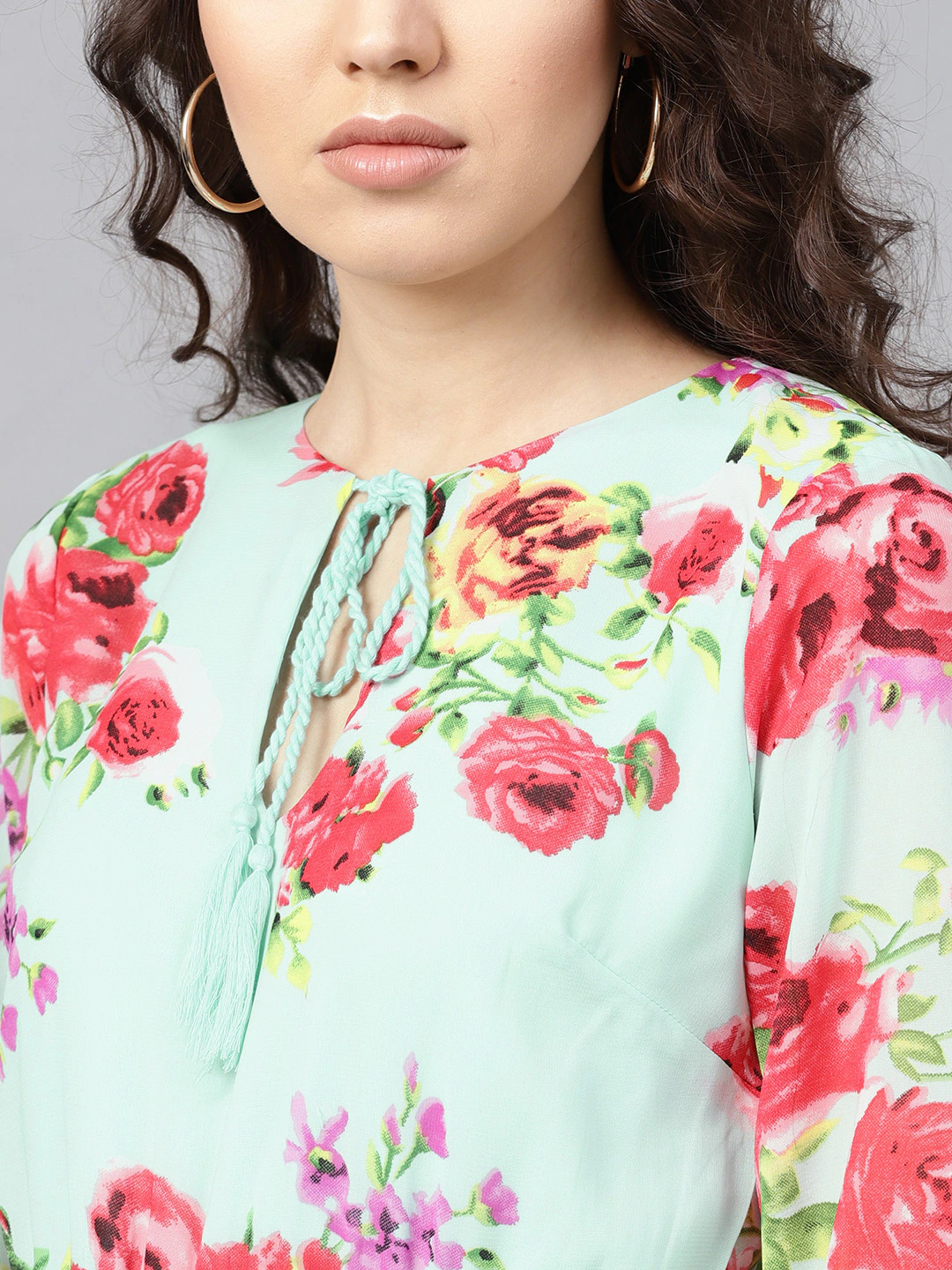 Women's Aqua Floral Tie-Up Maxi Dress