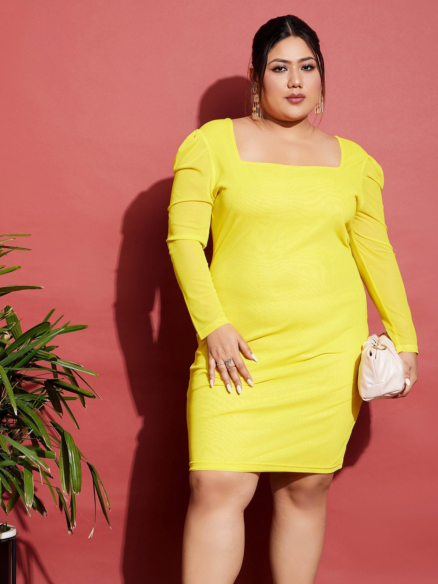 Women's Yellow Mesh Bodycon Dress