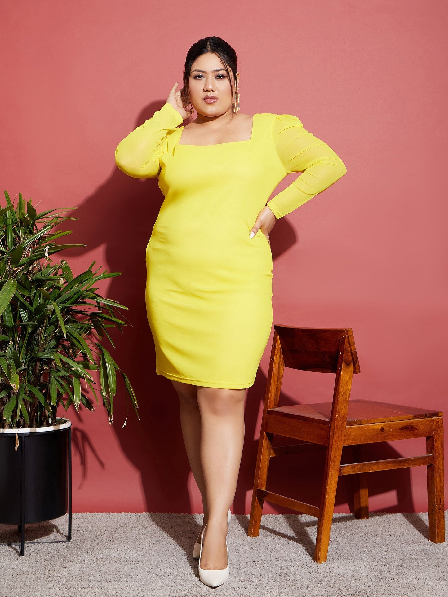 Women's Yellow Mesh Bodycon Dress