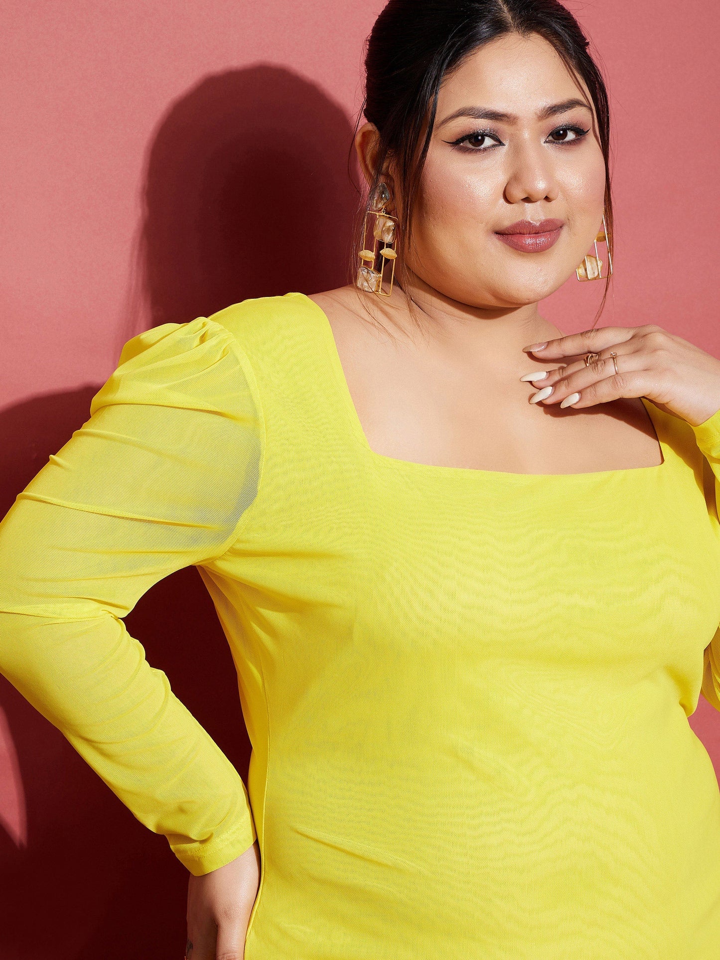Women's Yellow Mesh Bodycon Dress