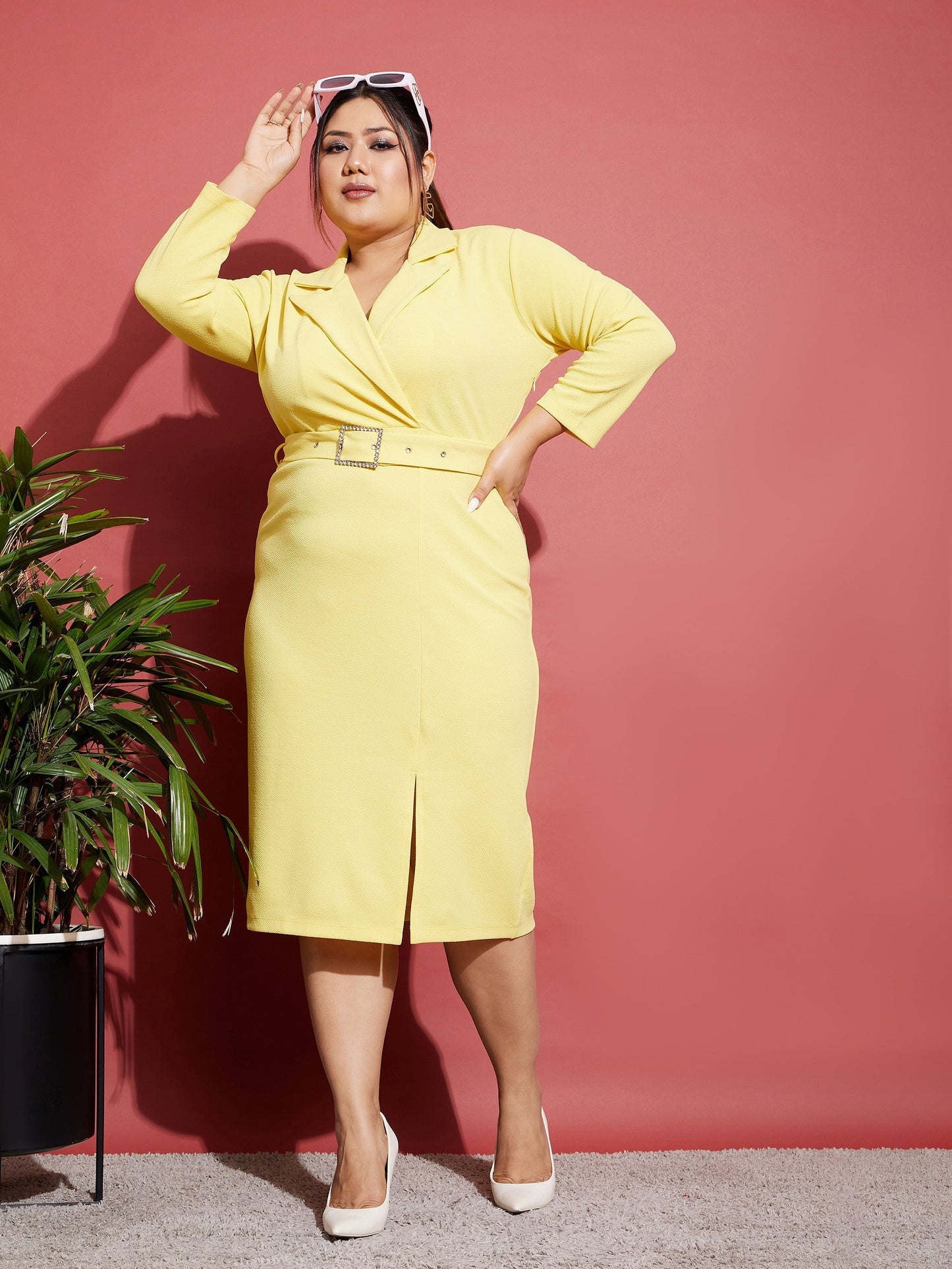 Women's Yellow Notch Collar Belted Bodycon Dress