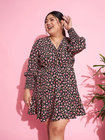 Women's Black Floral Smocked Sleeves Cut-out Skater Dress