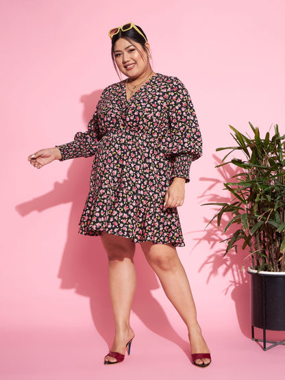 Women's Black Floral Smocked Sleeves Cut-out Skater Dress