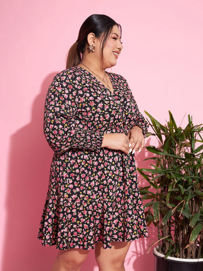 Women's Black Floral Smocked Sleeves Cut-out Skater Dress