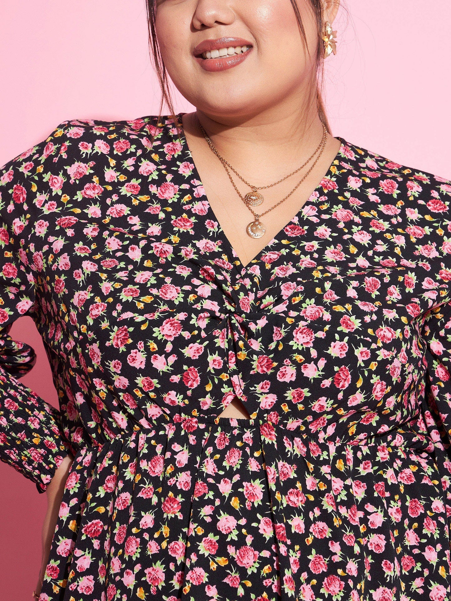 Women's Black Floral Smocked Sleeves Cut-out Skater Dress