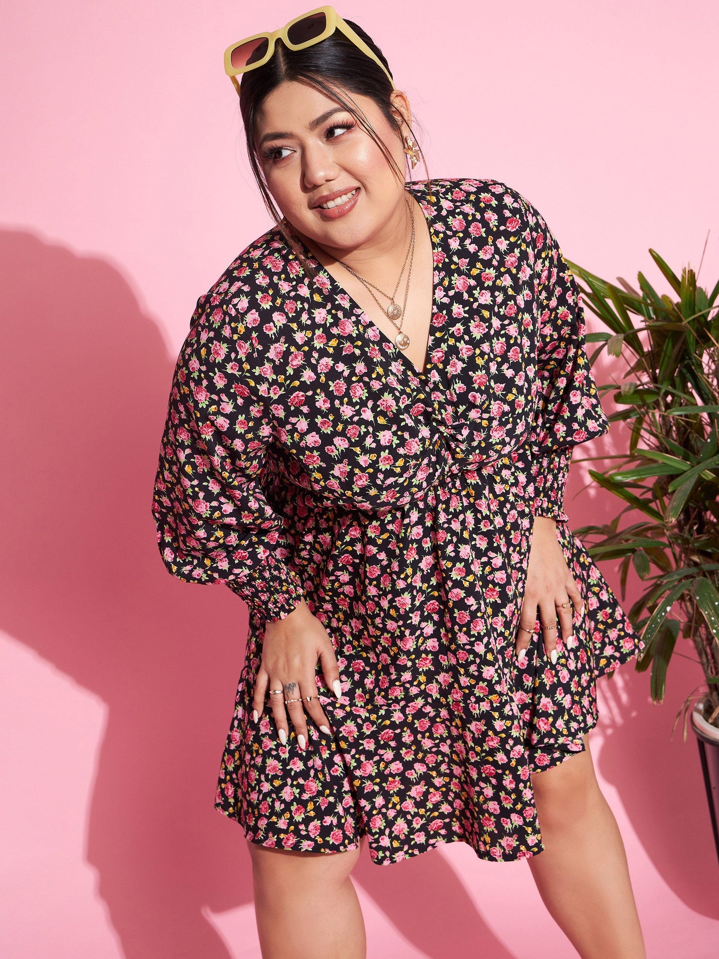 Women's Black Floral Smocked Sleeves Cut-out Skater Dress