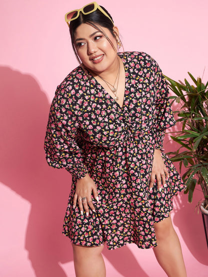 Women's Black Floral Smocked Sleeves Cut-out Skater Dress