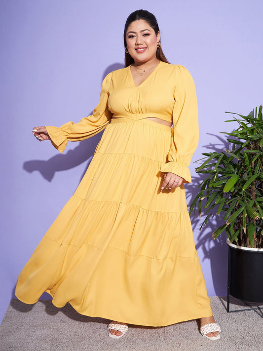 Women's Mustard Solid Waist Cut-Out Maxi Dress