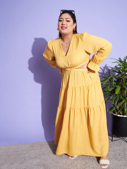 Women's Mustard Solid Waist Cut-Out Maxi Dress