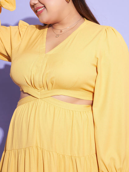 Women's Mustard Solid Waist Cut-Out Maxi Dress