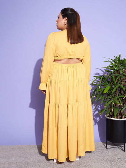 Women's Mustard Solid Waist Cut-Out Maxi Dress