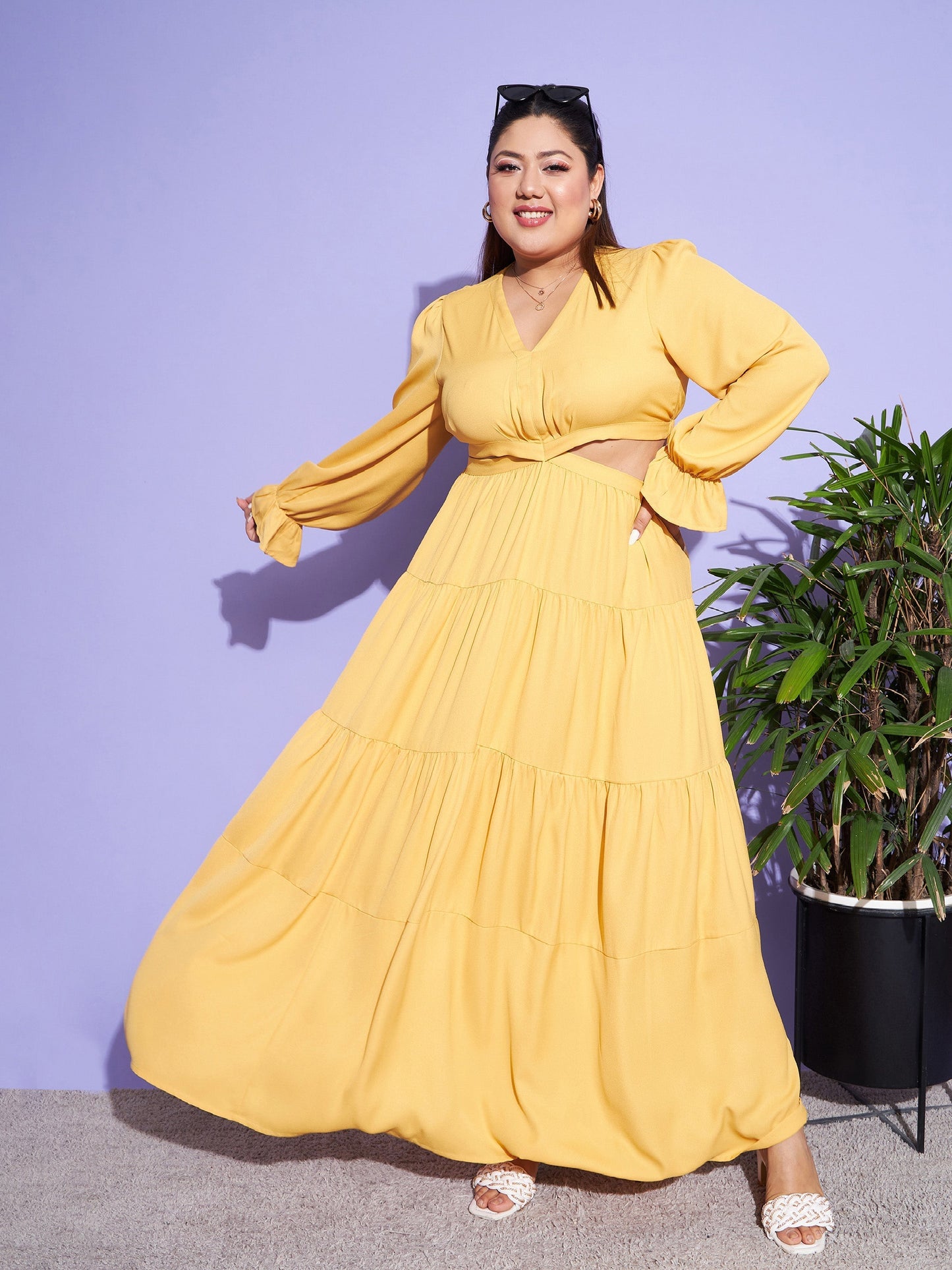 Women's Mustard Solid Waist Cut-Out Maxi Dress