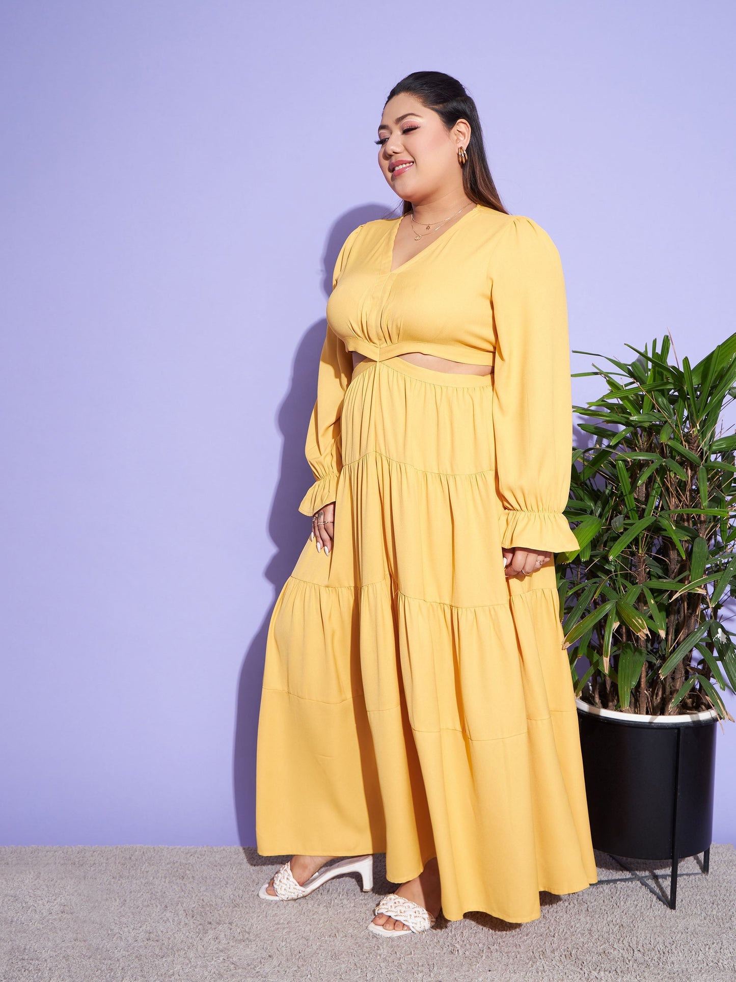 Women's Mustard Solid Waist Cut-Out Maxi Dress