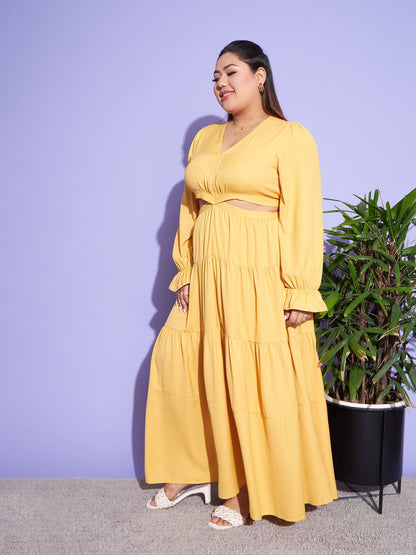 Women's Mustard Solid Waist Cut-Out Maxi Dress