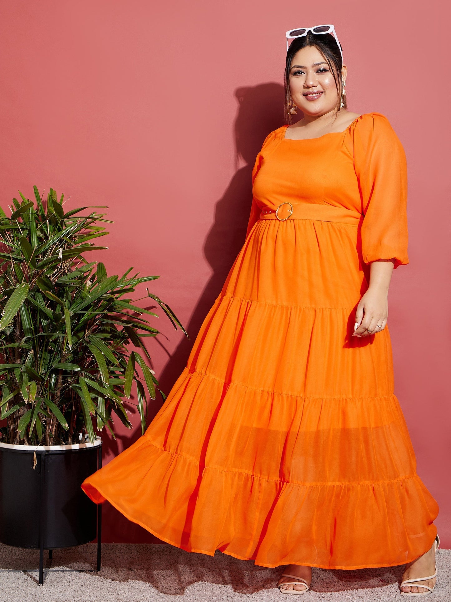 Women's Orange Off Shoulder Tiered Belted Maxi Dress