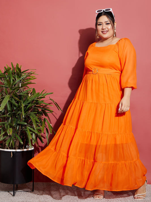 Women's Orange Off Shoulder Tiered Belted Maxi Dress