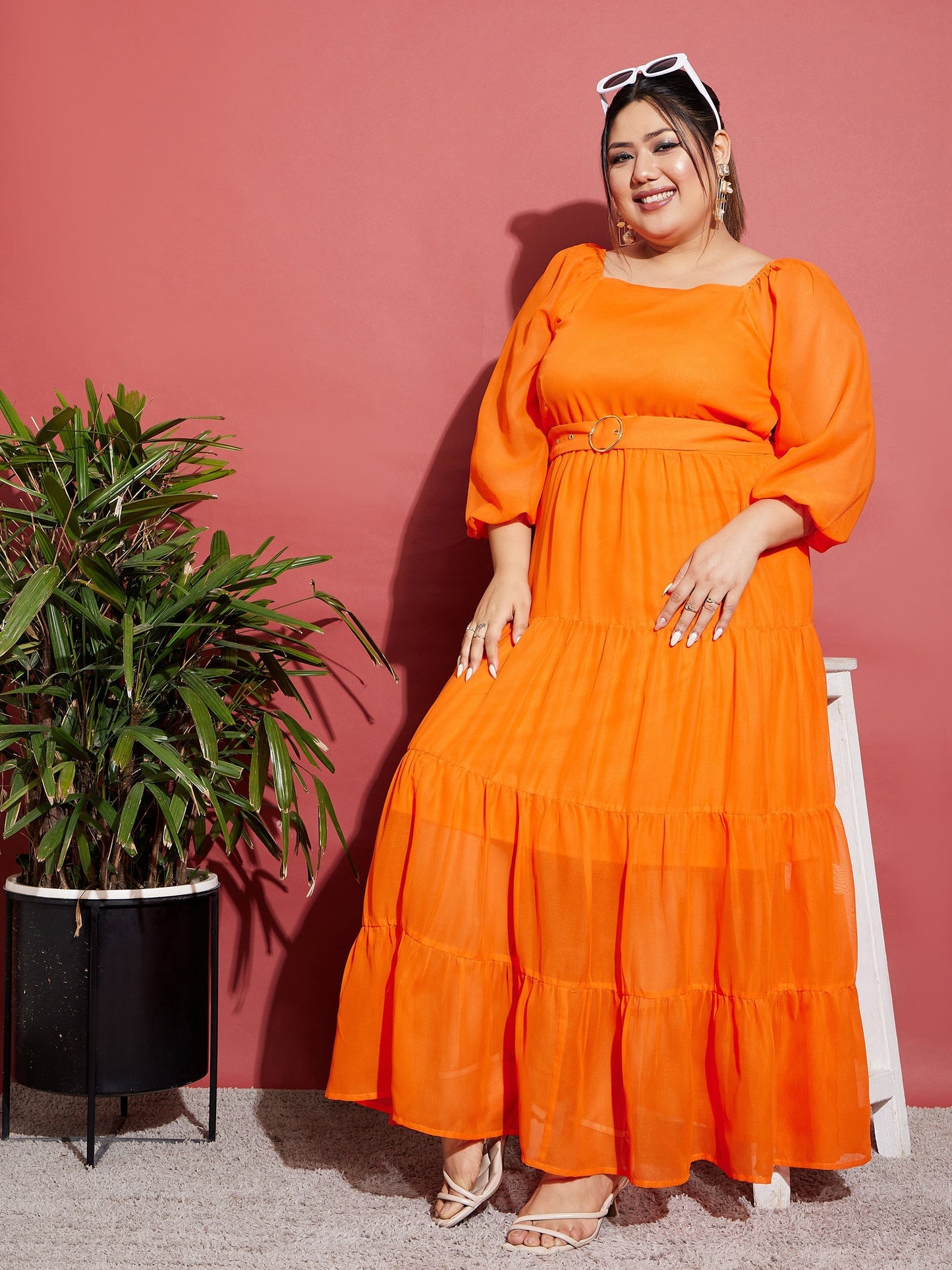 Women's Orange Off Shoulder Tiered Belted Maxi Dress