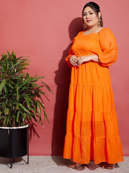 Women's Orange Off Shoulder Tiered Belted Maxi Dress