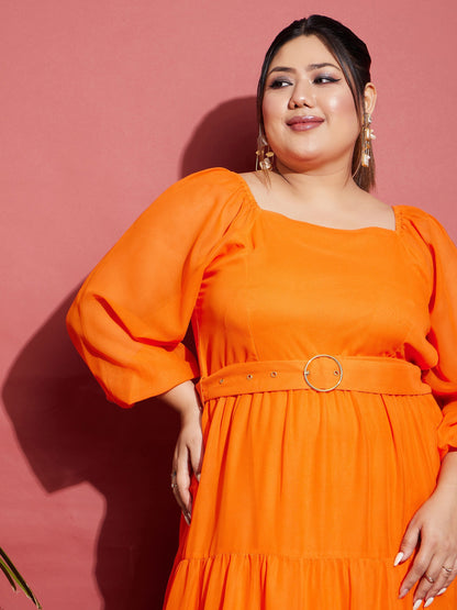 Women's Orange Off Shoulder Tiered Belted Maxi Dress