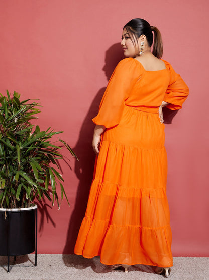 Women's Orange Off Shoulder Tiered Belted Maxi Dress