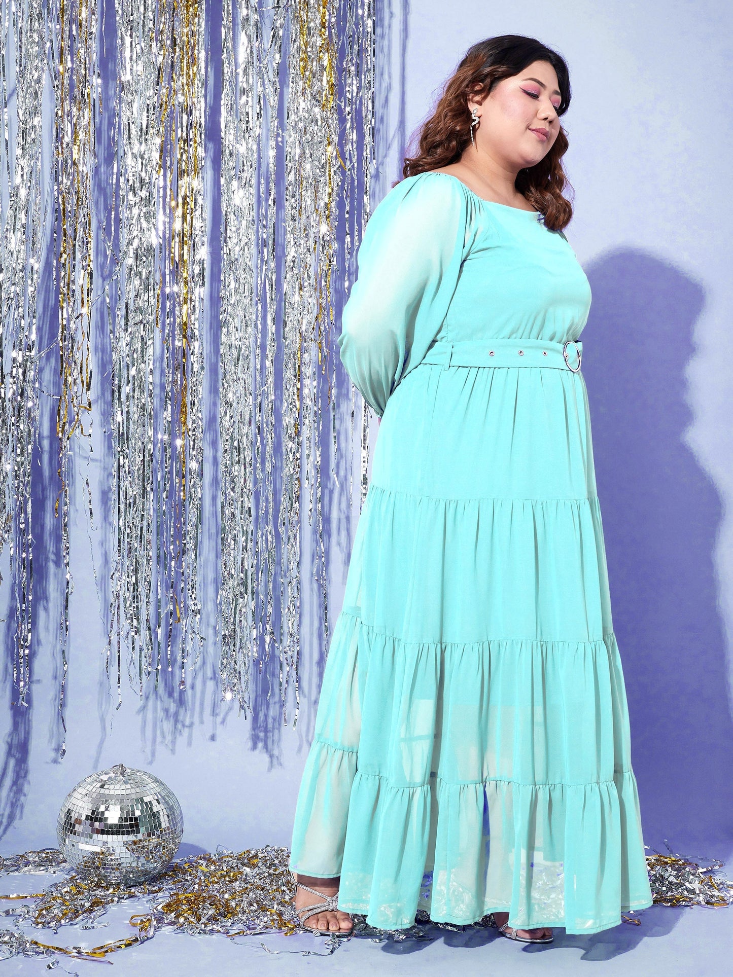 Women's Turquoise Blue Off Shoulder Tiered Belted Maxi Dress