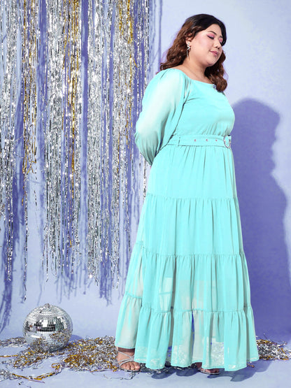 Women's Turquoise Blue Off Shoulder Tiered Belted Maxi Dress