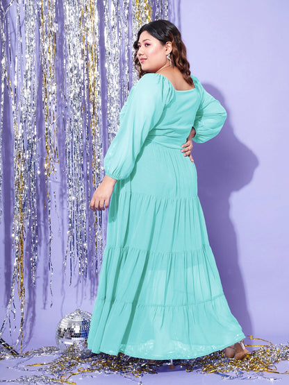 Women's Turquoise Blue Off Shoulder Tiered Belted Maxi Dress