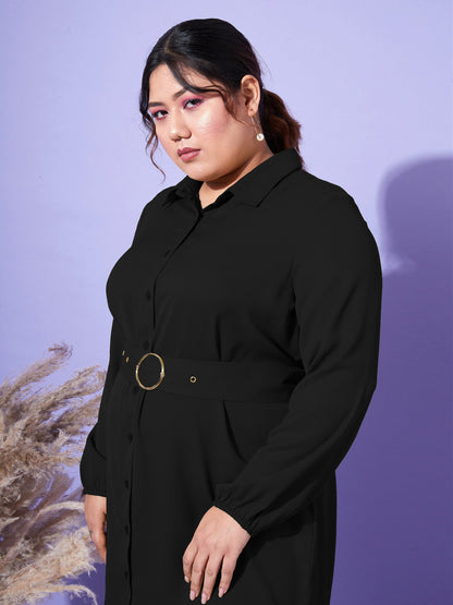 Women's Black Front Open Button Shirt Dress