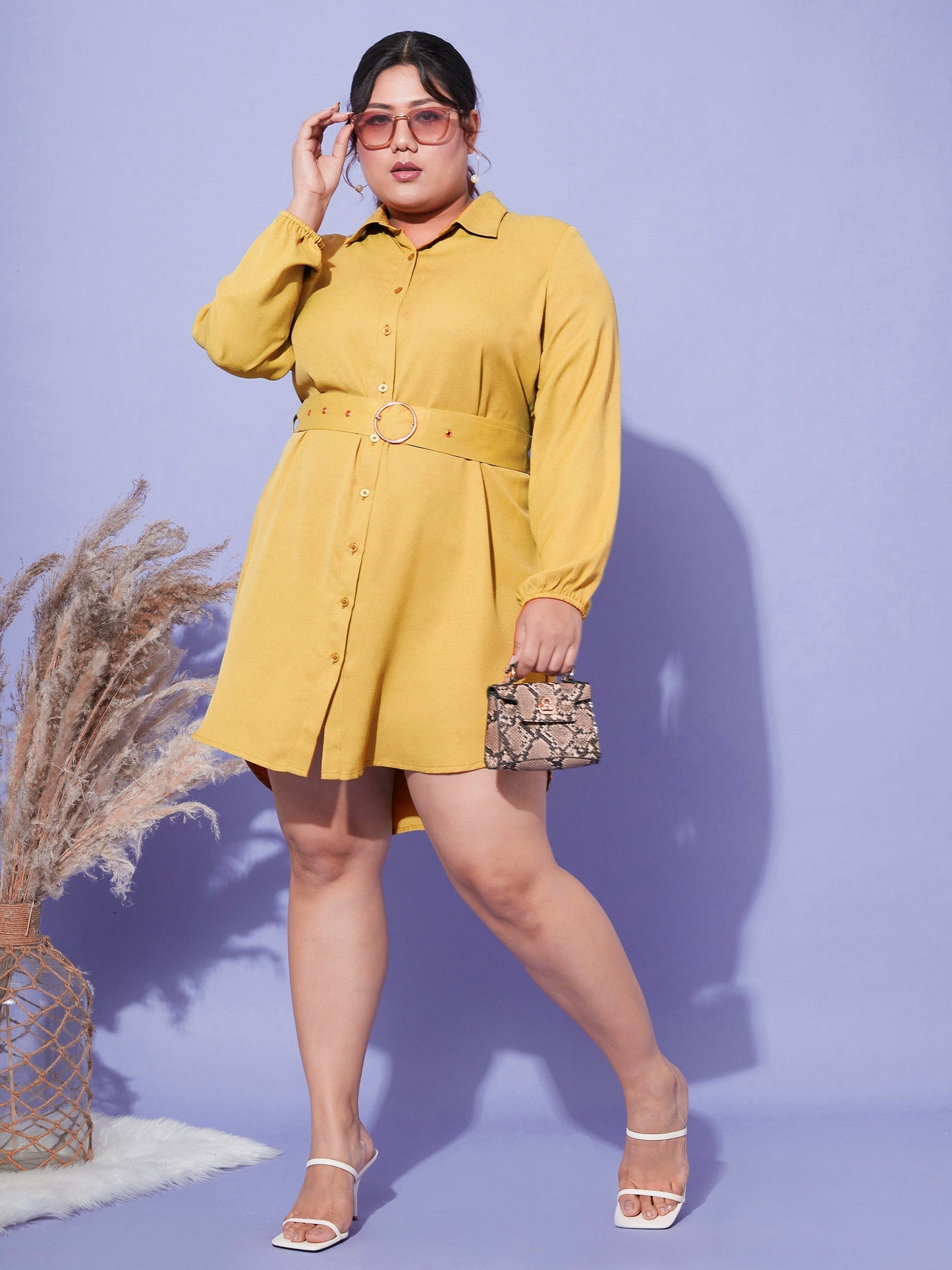 Women's Mustard Front Open Button Shirt Dress