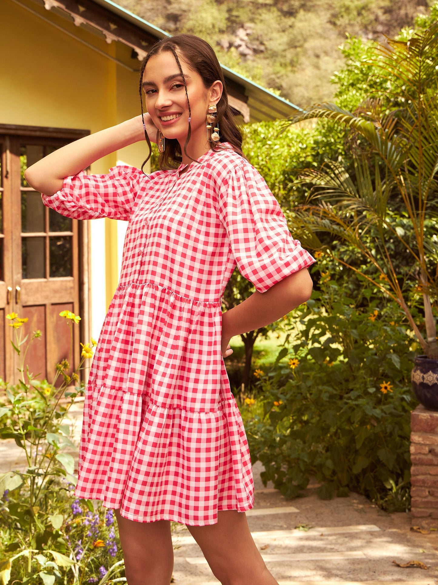 Women's Pink Check Tiered Mini Dress