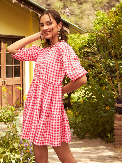 Women's Pink Check Tiered Mini Dress